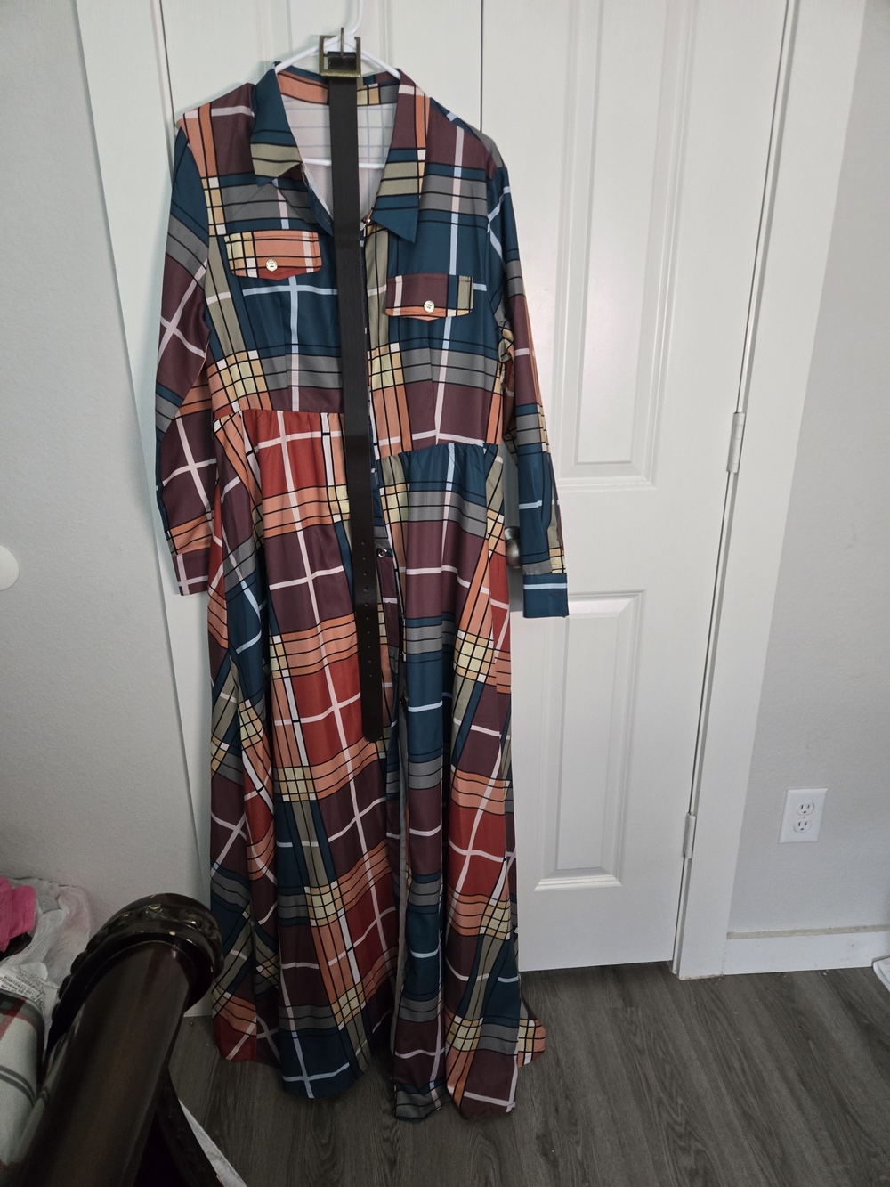 Plaid Maxi Shirt Dress in Teal, Rust & Cream